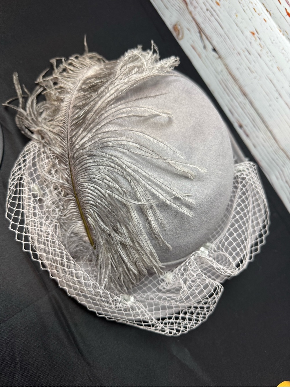 Vintage Bollman Doeskin Felt Wool HatGray with Ostrich Feather Plume & Net